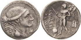 Römische Republik
L. Valerius Flaccus 108-107 v. Chr Denar Brustbild der Viktoria nach rechts / Mars nach links schreitend mit Speer und Trophäe, dav...