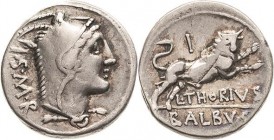 Römische Republik
L. Thorius Balbus 105 v. Chr Denar Kopf der Juno Lanuvia im Ziegenfell nach rechts, S M R / Stier nach rechts springend, darüber Be...