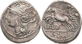 Römische Republik
C. Coelius Caldus 104 v. Chr Denar Romakopf mit Flügelhelm nach links / Victoria in Biga nach links, darunter CALD und Kontrollmark...