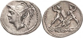 Römische Republik
Q. Minucius Thermus 103 v. Chr Denar Kopf des Mars nach links / Römischer Soldat schützt gestürzten Kameraden im Kampf gegen barbar...