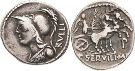 Römische Republik
P. Servilius Rullus ca.100 v. Chr Denar Brustbild der Minerva mit korinthischem Helm und Ägis nach links, dahinter RVLLI / Victoria...