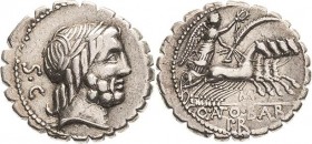 Römische Republik
Q. Antonius Balbus 83-82 v. Chr Denar (Serratus) Kopf des Jupiter nach rechts / Victoria in Quadriga nach rechts fahrend, in den Hä...