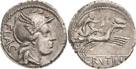 Römische Republik
L. Rutilius Flaccus 77 v. Chr Denar Romakopf mit Flügelhelm nach rechts, FLAC / Victoria mit Kranz in Biga nach rechts, darunter L ...