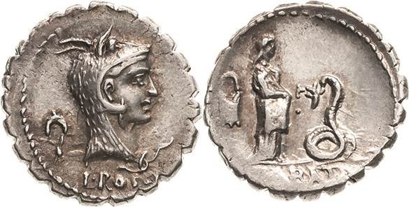 Römische Republik
L. Roscius Fabatus 64 v. Chr Denar (Serratus) Kopf der Juno S...
