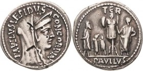 Römische Republik
L. Aemilius Lep. Paullus 62 v. Chr Denar Erinnerung an die Schlacht bei Pydna 168 v. Chr. Concordiakopf mit Schleier nach rechts, P...