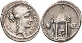 Römische Republik
Q. Cassius Longinus 55 v. Chr. Denar Brustbild der Libertas nach rechts / Rundtempel der Vesta auf dem Forum Romanum mit Sella curu...
