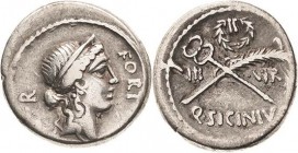 Römische Republik
Q. Sicinius 49 v. Chr Denar Kopf der Fortuna nach rechts / Caduceus mit Palmzweig gekreuzt, Q SICINIVS III VIR Cr. 440/1 Syd. 938 A...