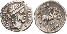 Römische Republik
A. Licinius Nerva 47 v. Chr Denar Büste der Fides nach rechts, NERVA FIDES / Reiter über barbarischem Krieger nach rechts, III VIR ...