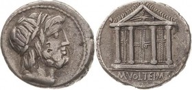 Architektur auf römischen und griechischen Münzen
M. Volteius M.F. 78 v. Chr Denar Zeuskopf nach rechts / Jupiter-Tempel, M VOLTEI M F Cr. 385/1 Syd....