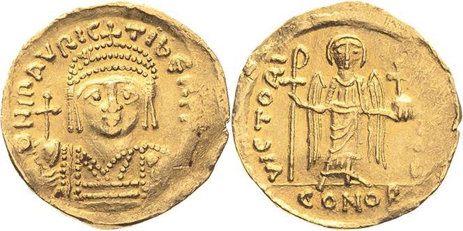 Mauricius Tiberius 582-602 Solidus 583/602, Constantinopel Brustbild mit Helm un...