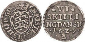 Dänemark
Christian IV. 1588-1648 6 Skilling 1629. Hede 139 B Sehr schön