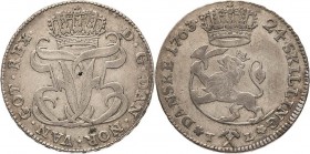 Dänemark
Frederik V. 1746-1766 24 Skilling 1763, TL-Kongsberg Hede 2 B ABH 20 Sehr schön+