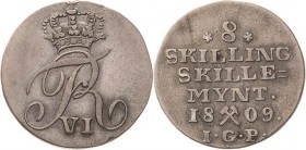 Dänemark
Frederik VI. 1808-1839 8 Skilling 1809, IGP-Kongsberg Hede 1 ABH 1 Sehr schön-vorzüglich
