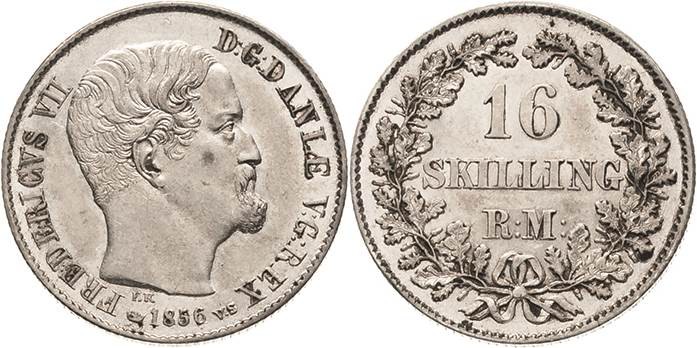 Dänemark
Frederik VII. 1848-1863 16 Skilling (Mark) 1856, Kopenhagen Hede 10 B ...