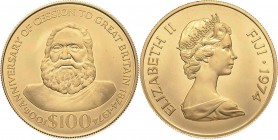 Fidschi
 100 Dollars 1974. 100 Jahre Commonwealth. 500er Gold KM 35 Friedberg 2 GOLD. 31.39 g. Stempelglanz
