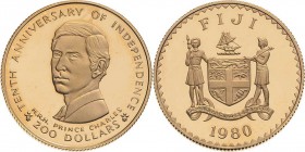 Fidschi
 200 Dollars 1980. 10 Jahre Unabhängigkeit. Prinz Charles. 917er Gold KM 47 Friedberg 4 GOLD. 16.00 g. Polierte Platte
