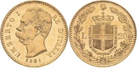 Italien-Königreich
Umberto I. 1878-1900 20 Lire 1881, R-Rom Montenegro 14 CNI 6 Friedberg 21 Schlumberger 65 GOLD. 6.44 g. Kl. Kratzer, vorzüglich-St...