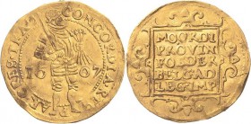 Niederlande-Utrecht
 Dukat 1607. Delmonte 963 Friedberg 284 GOLD. 3.43 g. Leichte Fassungsspuren, leicht gewellt, sehr schön