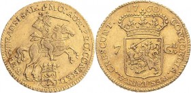 Niederlande-Utrecht
 Gulden (1/2 Goldener Reiter) 1760. Delmonte 971 Pumer Ut 32 Friedberg 289 GOLD. 4.91 g. Sehr schön-vorzüglich