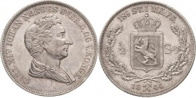 Norwegen
Karl XIV. Johann 1818-1844 1/2 Speciedaler 1844, Kongsberg ABH 29 Vorzüglich
