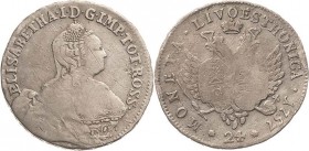 Russland
Elisabeth I. 1741-1761 1/4 Livonaise (1/4 Rubel zu 24 Kopeken) 1757, Moskau/Roter Münzhof Für Livland und Estland Bitkin 636 Selten. Übliche...
