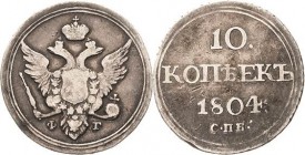 Russland
Alexander I. 1801-1825 10 Kopeken 1804, SPB/FG-St. Petersburg Bitkin 64 (R) Selten. Fast sehr schön