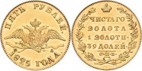 Russland
Alexander I. 1801-1825 5 Rubel 1825, SPB/PD-St. Petersburg Bitkin 25 (RR) Schlumberger 23,2 Friedberg 150 GOLD. 6.53 g. Kratzer, vorzüglich