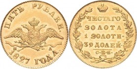 Russland
Nikolaus I. 1825-1855 5 Rubel 1827, SPD/PD-St. Petersburg Bitkin 2 (R3) Friedberg 154 Schlumberger 26 GOLD. 6.52 g. Äußerst seltener Jahrgan...