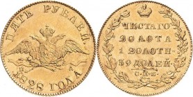Russland
Nikolaus I. 1825-1855 5 Rubel 1828, SPB/PD-St. Petersburg Bitkin 3 Friedberg 154 Schlumberger 27 GOLD. 6.52 g. Kleine Kratzer, sehr schön-vo...