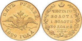 Russland
Nikolaus I. 1825-1855 5 Rubel 1829, SPB/PD-St. Petersburg Bitkin 4 Friedberg 154 Schlumberger 28 GOLD. 6.52 g. Kl. Kratzer, fast vorzüglich