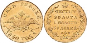 Russland
Nikolaus I. 1825-1855 5 Rubel 1830, SPB/PD-St. Petersburg Bitkin 5 Friedberg 154 Schlumberger 29 GOLD. 6.52 g. Kl. Kratzer, sehr schön-vorzü...