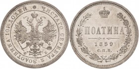 Russland
Alexander II. 1855-1881 Poltina (1/2 Rubel) 1859, SPB/FB-St. Petersburg Bitkin 97 Kl. Kratzer, vorzüglich-Stempelglanz
