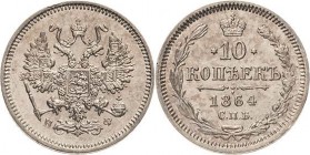 Russland
Alexander II. 1855-1881 10 Kopeken 1864, SPB/IF-St. Petersburg Bitkin 200 Sehr selten in dieser Erhaltung. Prägefrisch