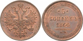 Russland
Alexander II. 1855-1881 5 Kopeken 1866, EM-Katharinenburg Bitkin 315 Brekke 227 Sehr selten in dieser Erhaltung. Prägefrisch
