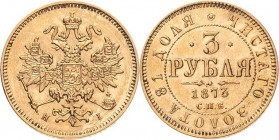 Russland
Alexander II. 1855-1881 3 Rubel 1873, SPB/NI-St. Petersburg Bitkin 35 (R) Friedberg 164 Schlumberger 146 GOLD. 3.92 g. Selten. Kl. Kratzer, ...