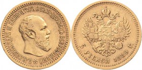 Russland
Alexander III. 1881-1894 5 Rubel 1889, AG-St. Petersburg Bitkin 33 Schlumberger 181 Friedberg 168 GOLD. 6.44 g. Sehr schön