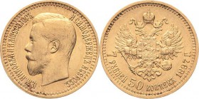Russland
Nikolaus II. 1894-1917 7 1/2 Rubel 1897, AG-St. Petersburg Bitkin 17 Schlumberger 215 Friedberg 178 GOLD. 6.45 g. Berieben, sehr schön