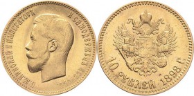 Russland
Nikolaus II. 1894-1917 10 Rubel 1898, AG-St. Petersburg Bitkin 3 Schlumberger 201 Friedberg 179 GOLD. 8.58 g. Sehr schön-vorzüglich
