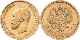 Russland
Nikolaus II. 1894-1917 10 Rubel 1903, AR-St. Petersburg Bitkin 11 Schlumberger 209 Friedberg 179 GOLD. 8.61 g. Fast vorzüglich/vorzüglich