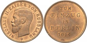Russland
Nikolaus II. 1894-1917 Bronzemedaille 1914 (unsigniert) Zum Einzug in Berlin 1914. Kopf nach links / 5 Zeilen Schrift. 28,7 mm, 10,62 g Diak...