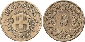 Schweiz-Eidgenossenschaft
 5 Rappen 1850, o.Mzz.-Bern HMZ 2-1211 c Divo/Tobler 318.3 (Selten!) Äußerst seltener Jahrgang. Zaponiert, sehr schön