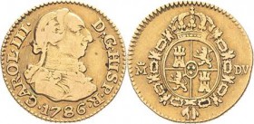 Spanien
Karl III. 1759-1788 1/2 Escudo 1786, M/DV-Madrid Calicó/Trigo 778 Cayon 11406 Friedberg 290 GOLD. 1.67 g. Avers Kratzer, sehr schön