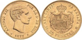 Spanien
Alfons XII. 1874-1885 25 Pesetas 1877, DEM-Madrid Schlumberger 278 Friedberg 342 Cayón 17525 GOLD. 8.06 g. Fast vorzüglich