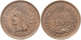 Vereinigte Staaten von Amerika
 Cent 1869. Indian Head Cent. "L"-Variante KM 90 a Seltener Jahrgang. Prägefrisch