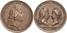 Frankreich
Lot-5 Stück Ludwig XIV. - Bronzemedaille 1680 auf die Vermählung seines Sohnes Ludwig mit Maria Anna Christina von Bayern. Ludwig XVIII. -...