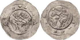 Böhmen
Wladislaus II. 1140-1174 Denar, Prag König hält Kind über Altar, DVX WLADIZLAVS / Hl. Wenzel segnet Pilger, SCS WENCEZLAVS Cach 590 Leschhorn ...
