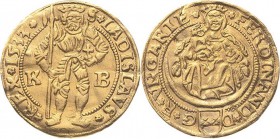 Habsburg
Ferdinand I. 1521-1564 Dukat 1533, KB-Kremnitz Huszar 895 Friedberg 48 GOLD. 3.52 g. Leichte Fassungsspuren, vorzüglich
