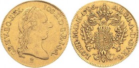 Habsburg
Josef II. 1764-1790 Dukat 1786, B-Kremnitz Huszar 1866 Jaeger 21 Friedberg 198 GOLD. 3.48 g. Sehr schön/fast vorzüglich
