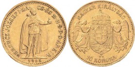 Kaiserreich Österreich
Franz Joseph I. 1848-1916 10 Kronen 1905, KB-Kremnitz Für Ungarn Jaeger 408 Friedberg 252 Schlumberger 134 GOLD. 3.38 g. Sehr ...