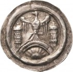 Arnstein, Grafschaft
Walter II. 1135-1176 Brakteat, Hettstedt Auf Bogen Adler mit ausgebreiteten Schwingen zwischen zwei Türmen, darunter Palmette. I...
